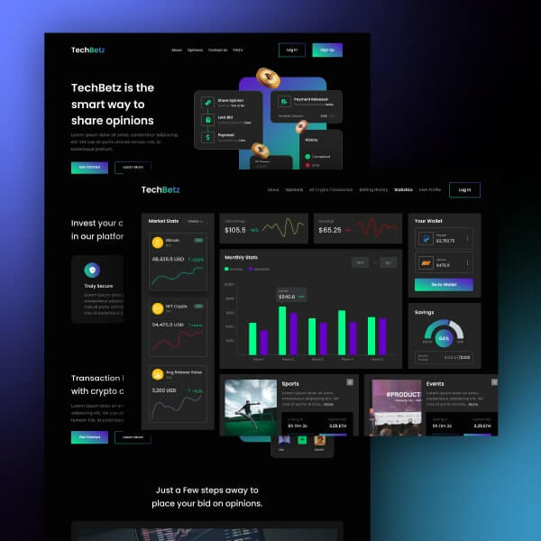 Dark theme webpage and dashboard of a finance related website.