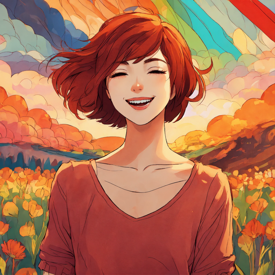 Illustration of a happy women standing in field of roses.