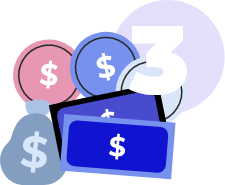 Dollar signs inside round and rectangle icons with step three: earning recurring income